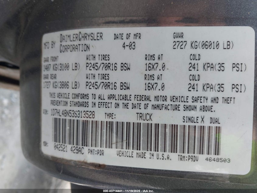 2003 Dodge Dakota Slt VIN: 1D7HL48N53S313528 Lot: 43714441