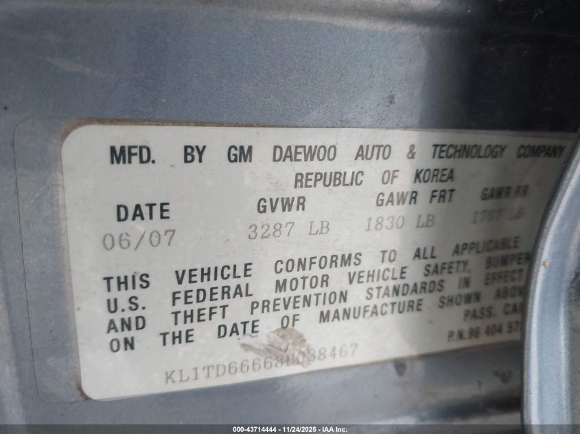 2008 Chevrolet Aveo 5 Ls VIN: KL1TD66668B038467 Lot: 43714444