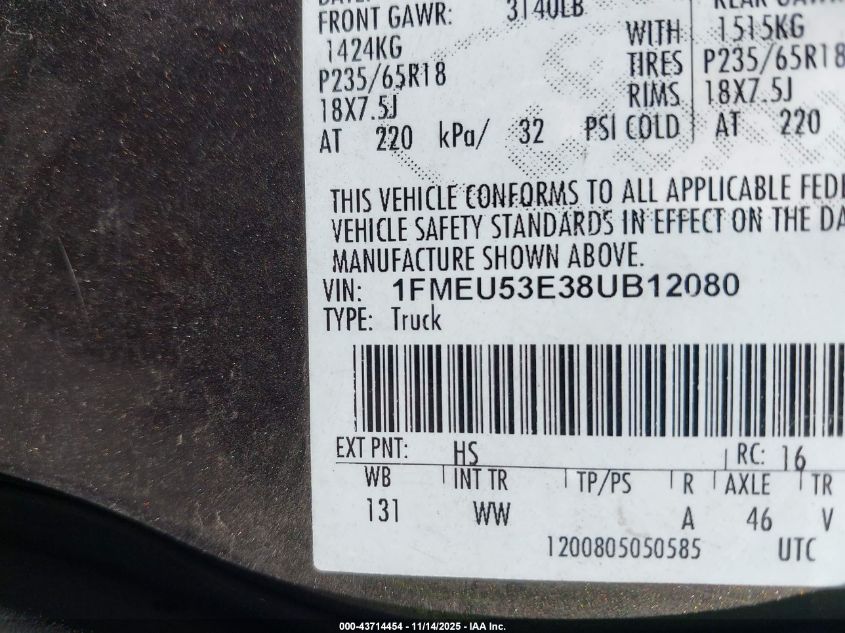 2008 Ford Explorer Sport Trac Limited VIN: 1FMEU53E38UB12080 Lot: 43714454