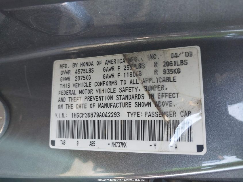 2009 Honda Accord 3.5 Ex-L VIN: 1HGCP36879A042293 Lot: 43714456