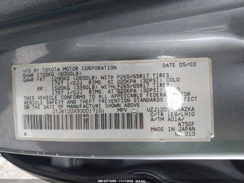 2003 Lexus Gx 470 VIN: JTJBT20X930017101 Lot: 43714458