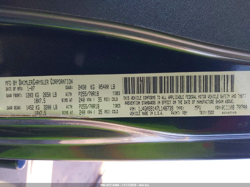 2007 Jeep Wrangler Unlimited Sahara VIN: 1J4GA59147L148739 Lot: 43714468