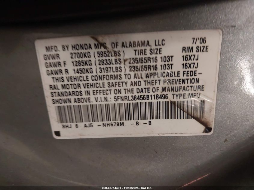 2006 Honda Odyssey Ex VIN: 5FNRL38456B118496 Lot: 43714481