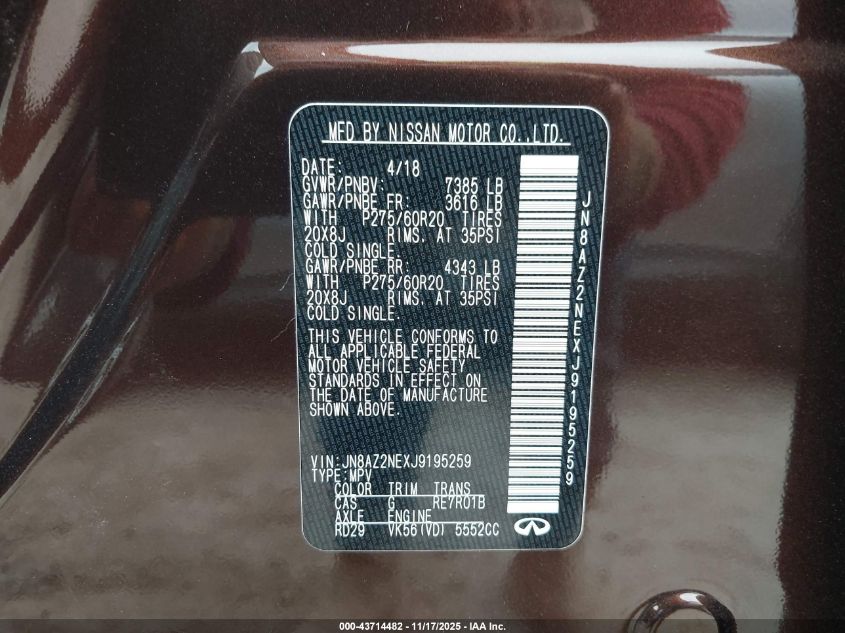 2018 Infiniti Qx80 VIN: JN8AZ2NEXJ9195259 Lot: 43714482