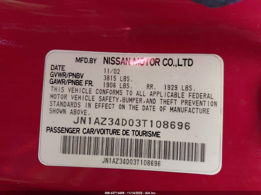 2003 Nissan 350Z VIN: JN1AZ34D03T108696 Lot: 43714486