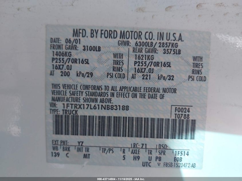 2001 Ford F-150 Lariat/Xl/Xlt VIN: 1FTRX17L61NB83188 Lot: 43714504