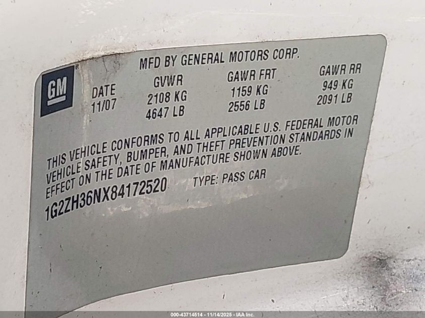 2008 Pontiac G6 Gt VIN: 1G2ZH36NX84172520 Lot: 43714514