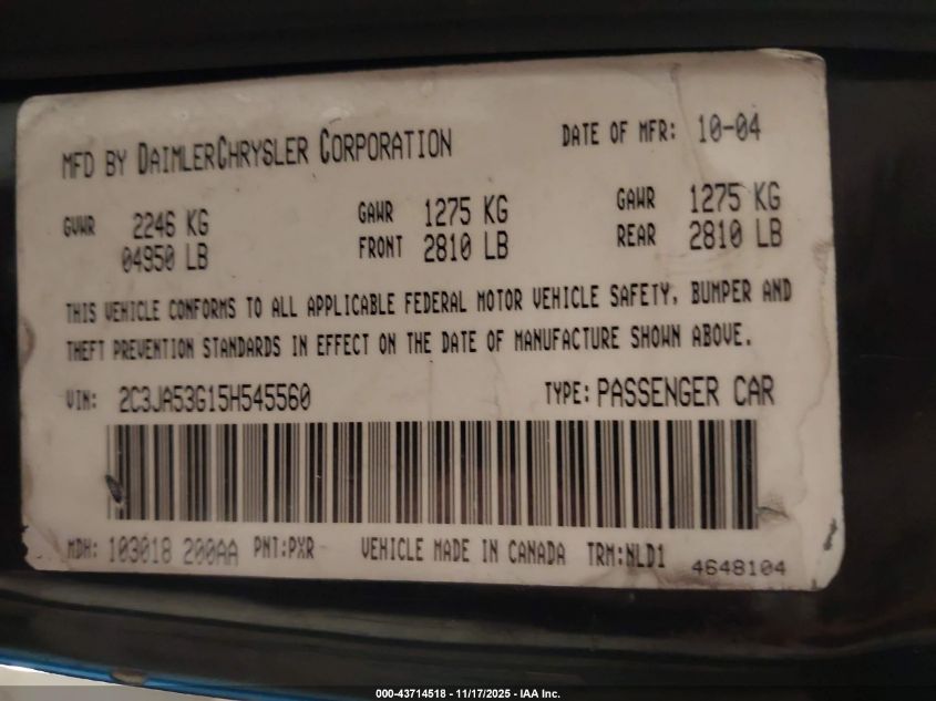 2005 Chrysler 300 Touring VIN: 2C3JA53G15H545560 Lot: 43714518