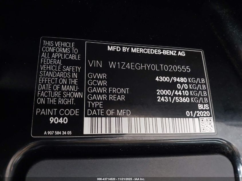2020 Mercedes-Benz Sprinter 2500 High Roof V6 VIN: W1Z4EGHY0LT020555 Lot: 43714520
