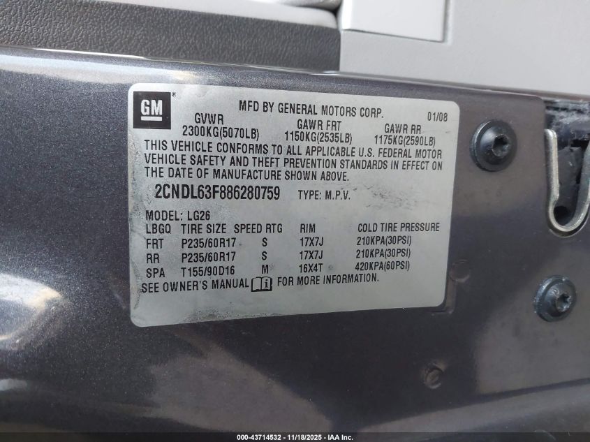 2008 Chevrolet Equinox Lt VIN: 2CNDL63F886280759 Lot: 43714532