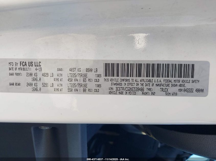 2019 Ram Promaster 2500 High Roof 136 Wb VIN: 3C6TRVCG2KE539486 Lot: 43714537