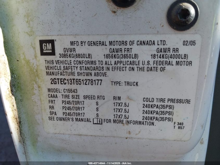 2005 GMC Sierra 1500 Sle VIN: 2GTEC13T651278177 Lot: 43714544