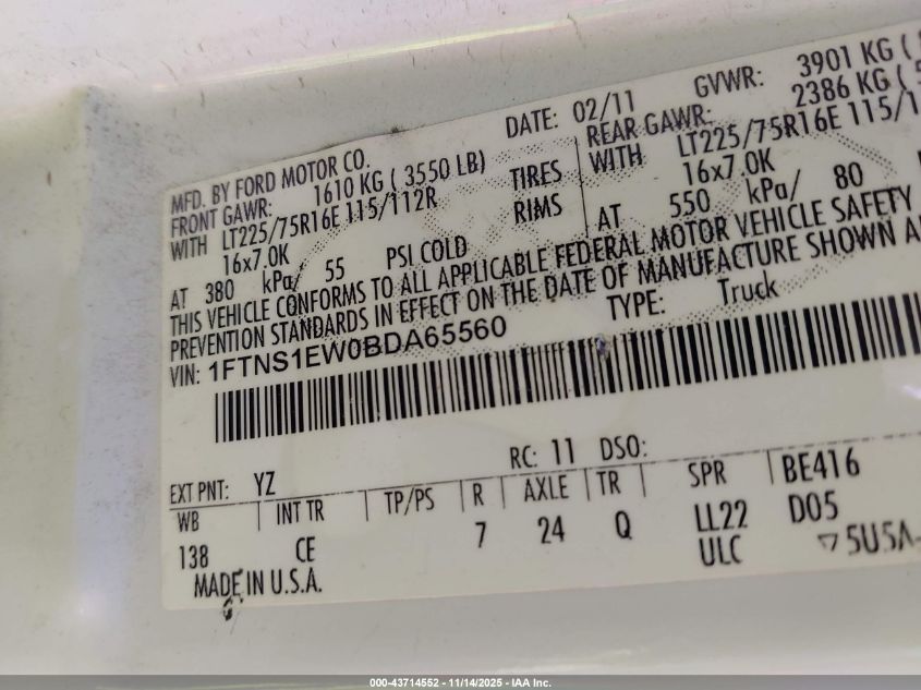 2011 Ford E-150 Commercial VIN: 1FTNS1EW0BDA65560 Lot: 43714552