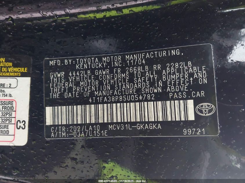 2005 Toyota Camry Solara Se/Sle VIN: 4T1FA38P854054782 Lot: 43714559