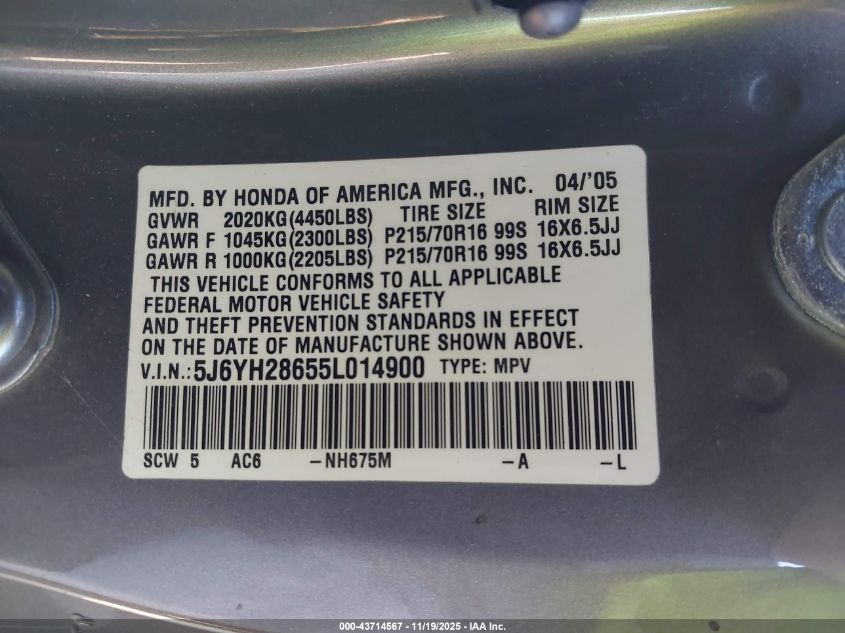 2005 Honda Element Ex VIN: 5J6YH28655L014900 Lot: 43714567