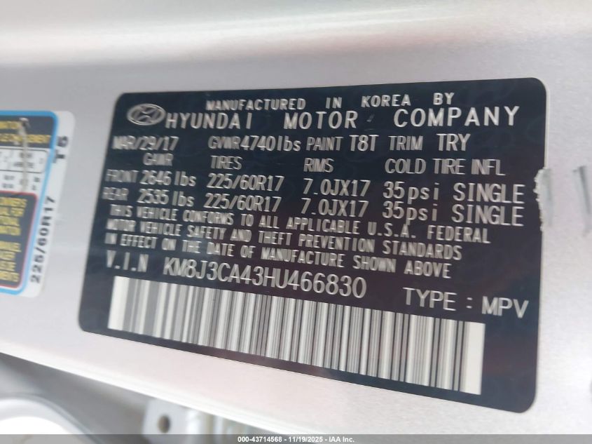 2017 Hyundai Tucson Se Plus VIN: KM8J3CA43HU466830 Lot: 43714568