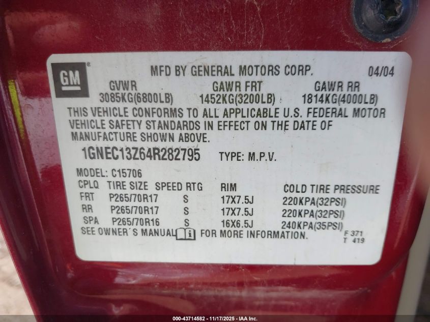 2004 Chevrolet Tahoe Ls VIN: 1GNEC13Z64R282795 Lot: 43714582