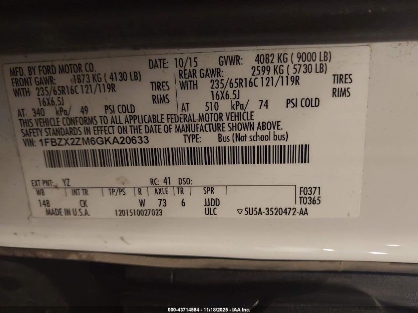 2016 Ford Transit-350 Xlt VIN: 1FBZX2ZM6GKA20633 Lot: 43714584