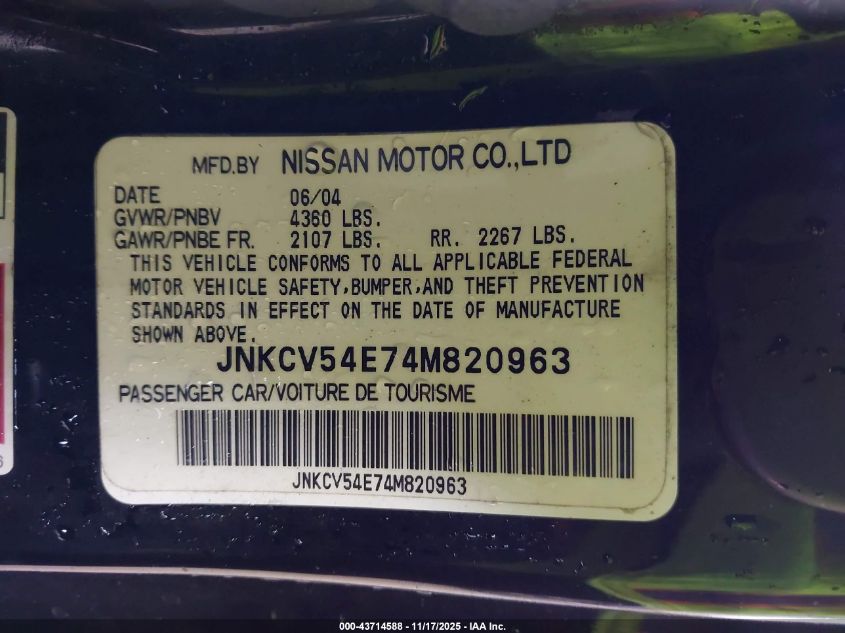 2004 Infiniti G35 VIN: JNKCV54E74M820963 Lot: 43714588