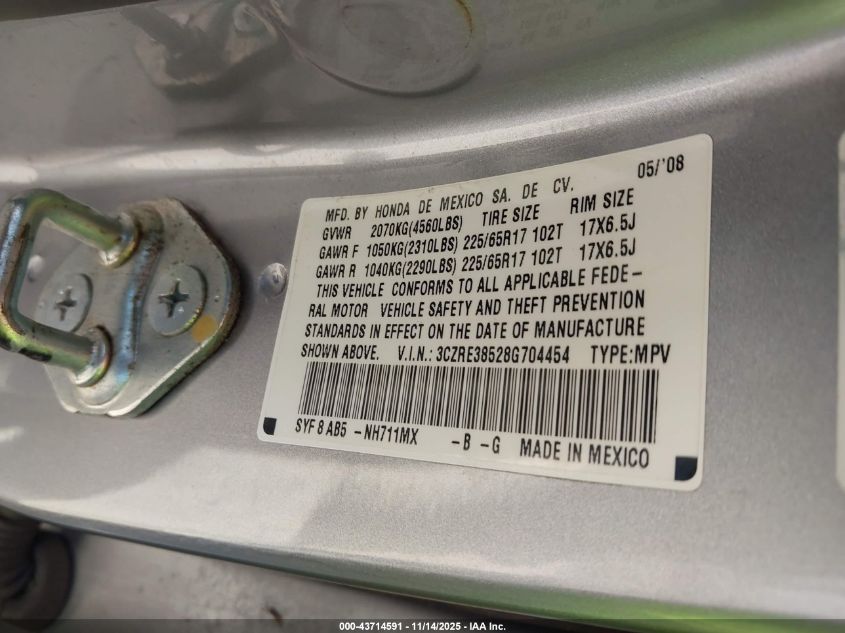 2008 Honda Cr-V Ex VIN: 3CZRE38528G704454 Lot: 43714591