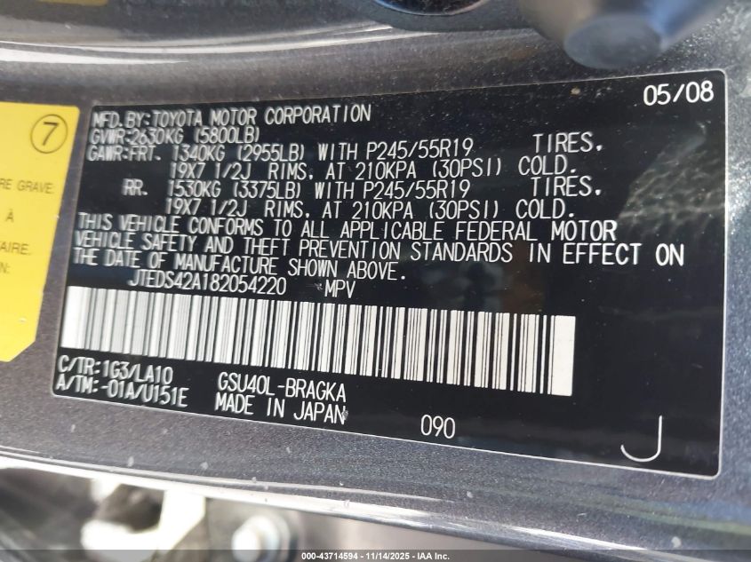 2008 Toyota Highlander Limited VIN: JTEDS42A182054220 Lot: 43714594