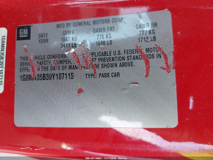 2009 Saturn Sky VIN: 1G8MN35B39Y107115 Lot: 43714603