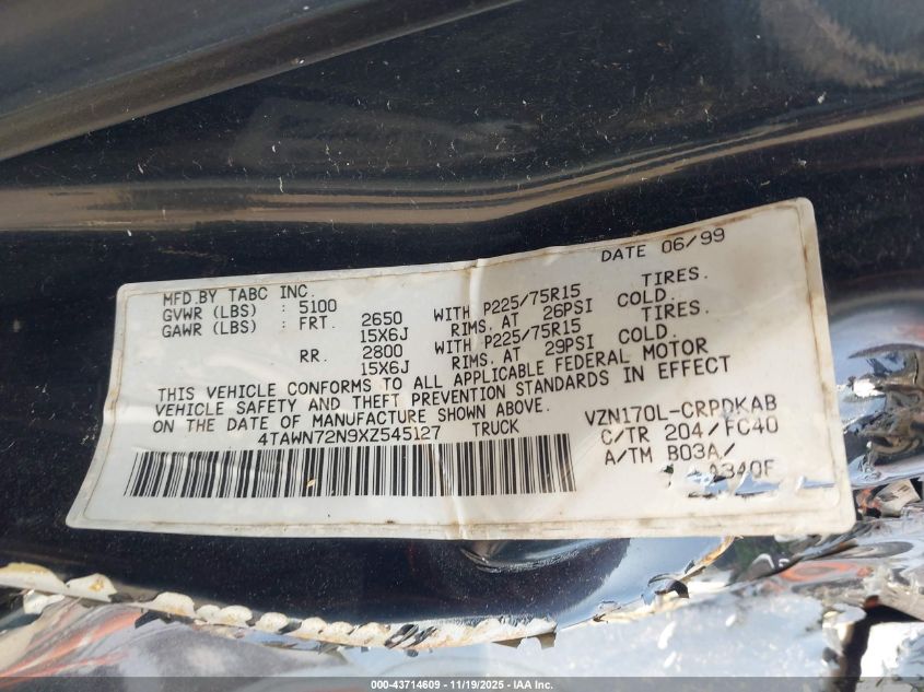 1999 Toyota Tacoma VIN: 4TAWN72N9XZ545127 Lot: 43714609