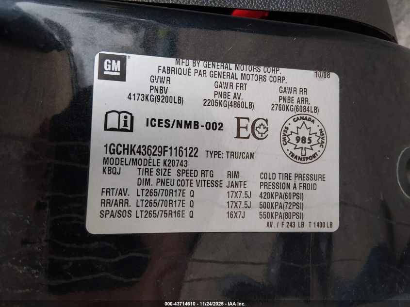 2009 Chevrolet Silverado 2500Hd Work Truck VIN: 1GCHK43629F116122 Lot: 43714610