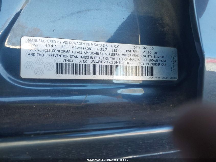 2005 Volkswagen Jetta 2.5 VIN: 3VWRF71K15M610926 Lot: 43714614