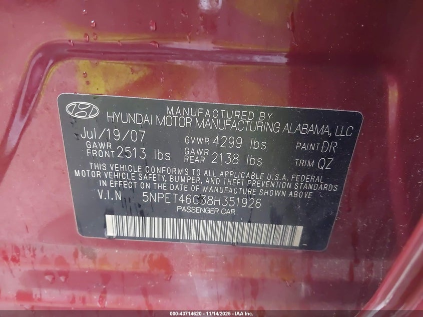 5NPET46C38H351926 2008 HYUNDAI SONATA photo no. 9