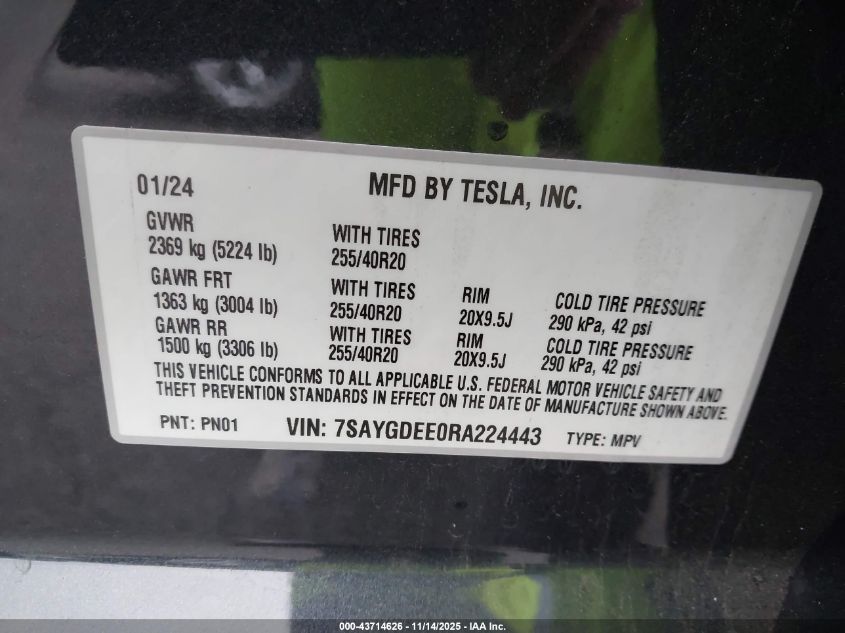 2024 Tesla Model Y Long Range Dual Motor All-Wheel Drive VIN: 7SAYGDEE0RA224443 Lot: 43714626