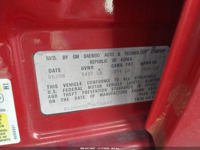 2009 Chevrolet Aveo Lt VIN: KL1TD66E79B336647 Lot: 43714627