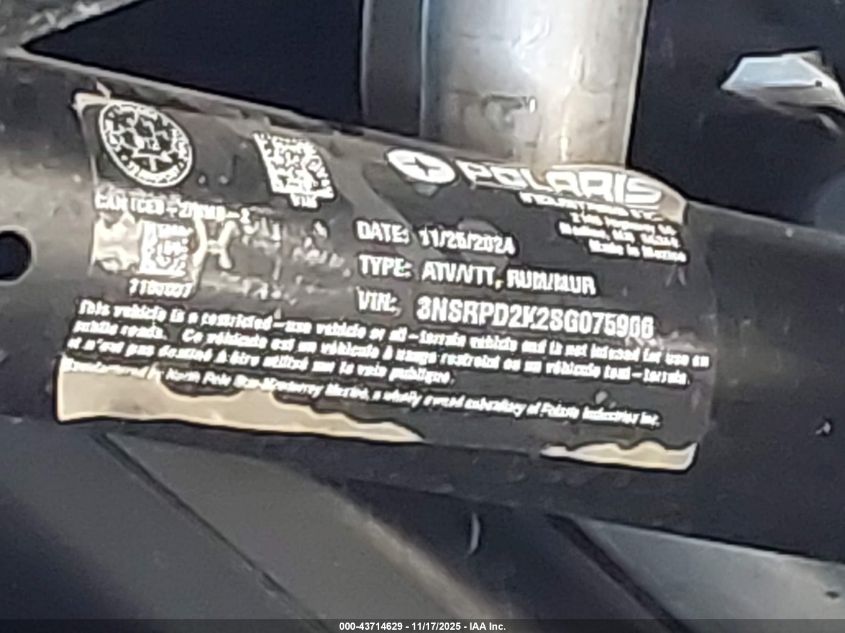 2025 Polaris Rzr Pro R Ultimate VIN: 3NSRPD2K2SG075966 Lot: 43714629