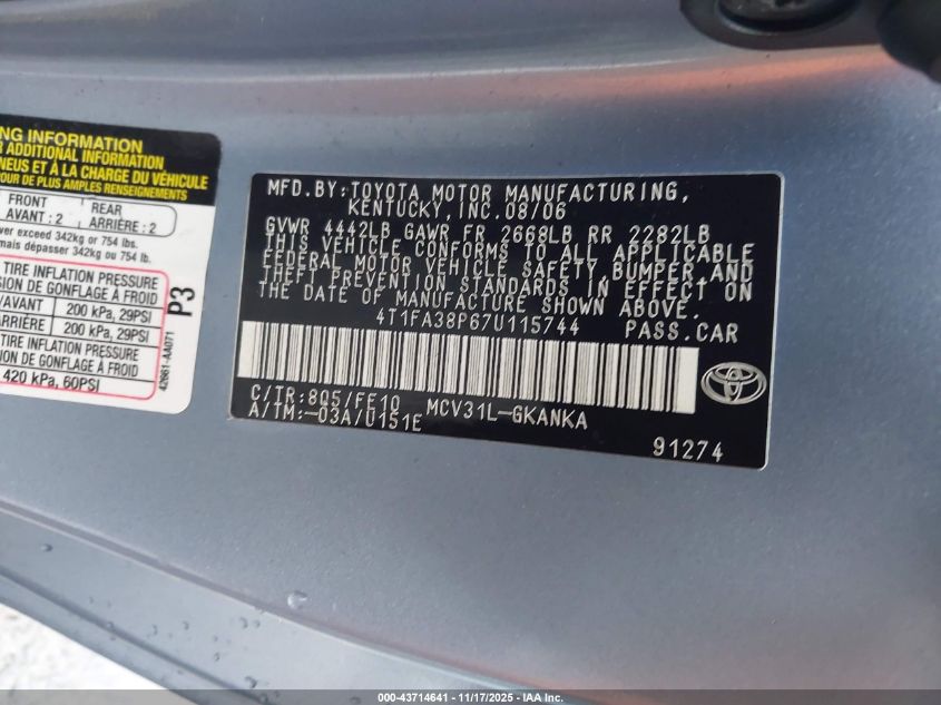 2007 Toyota Camry Solara Se VIN: 4T1FA38P67U115744 Lot: 43714641