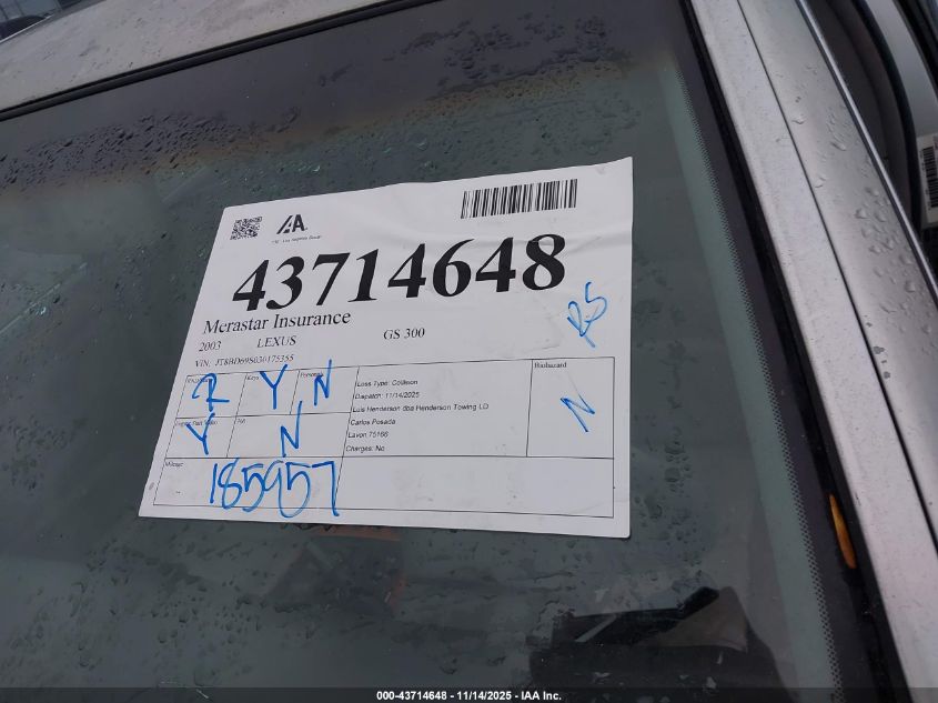 2003 Lexus Gs 300 VIN: JT8BD69S030175355 Lot: 43714648