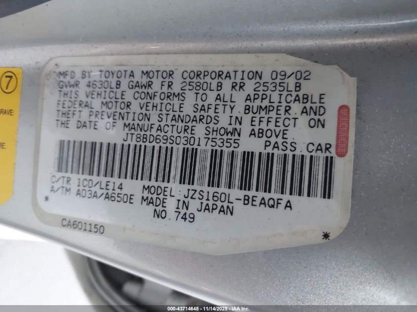 2003 Lexus Gs 300 VIN: JT8BD69S030175355 Lot: 43714648