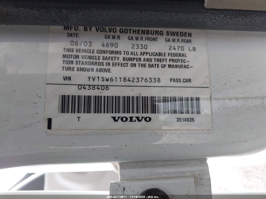 2004 Volvo V70 2.4 VIN: YV1SW61T842376338 Lot: 43714671
