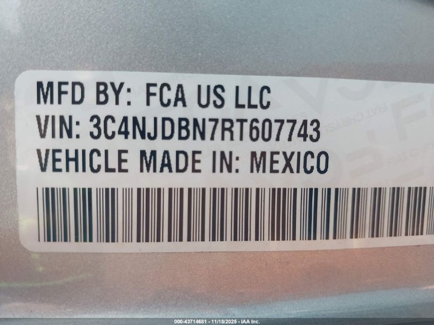 2024 Jeep Compass Latitude 4X4 VIN: 3C4NJDBN7RT607743 Lot: 43714681