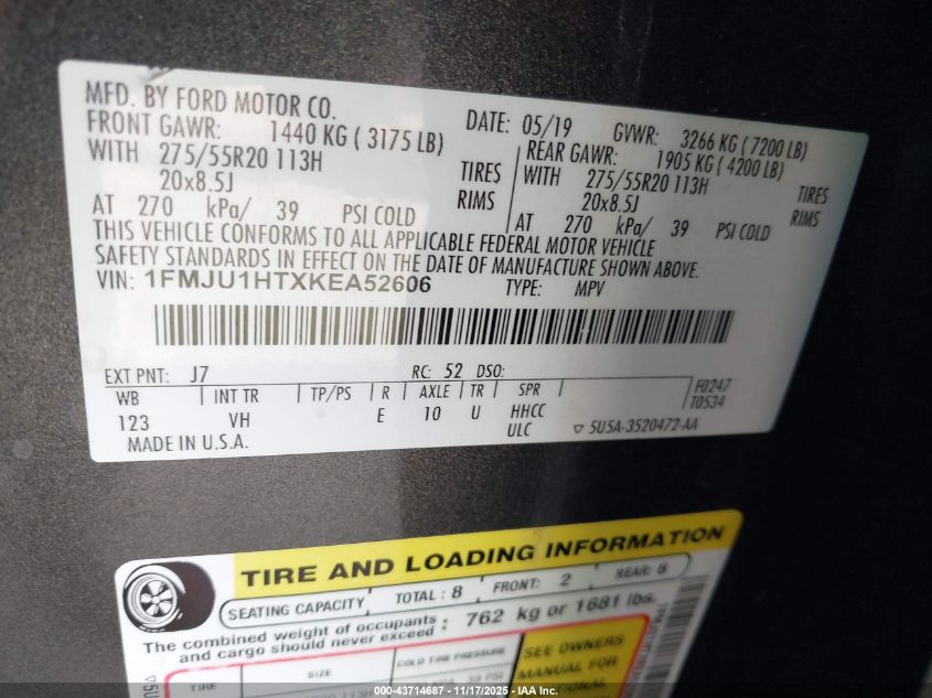 2019 Ford Expedition Xlt VIN: 1FMJU1HTXKEA52606 Lot: 43714687