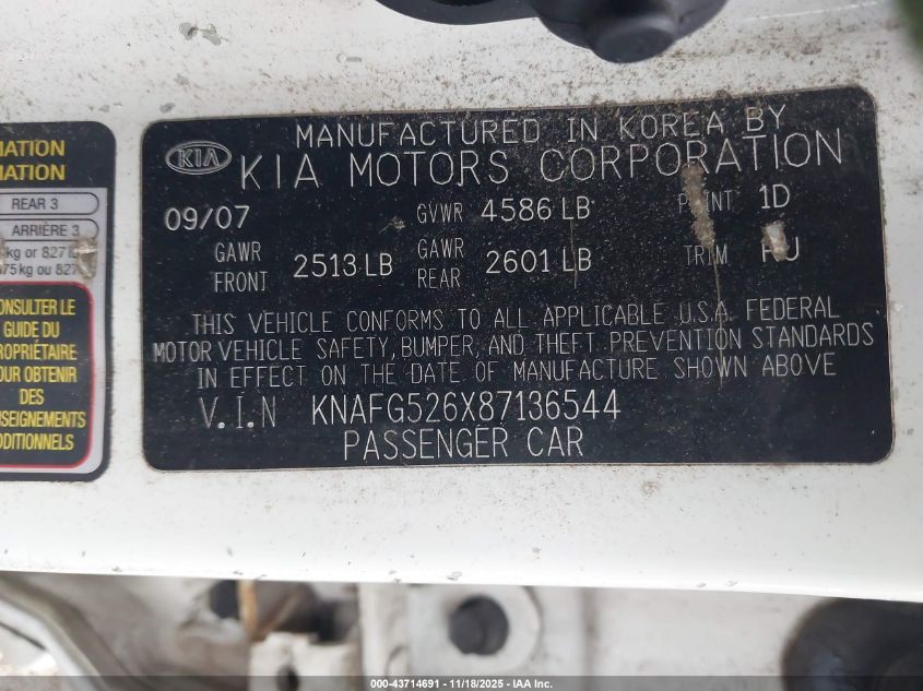 2008 Kia Rondo Lx V6 VIN: KNAFG526X87136544 Lot: 43714691