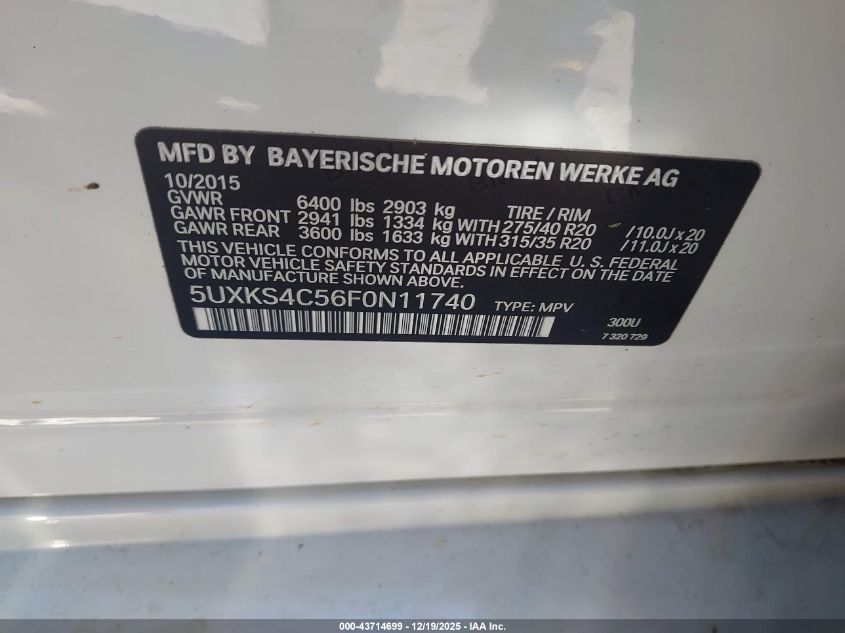 2015 BMW X5 xDrive35D VIN: 5UXKS4C56F0N11740 Lot: 43714699