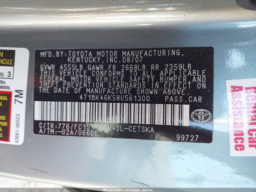 2008 Toyota Camry Se V6 VIN: 4T1BK46K58U561300 Lot: 43714707