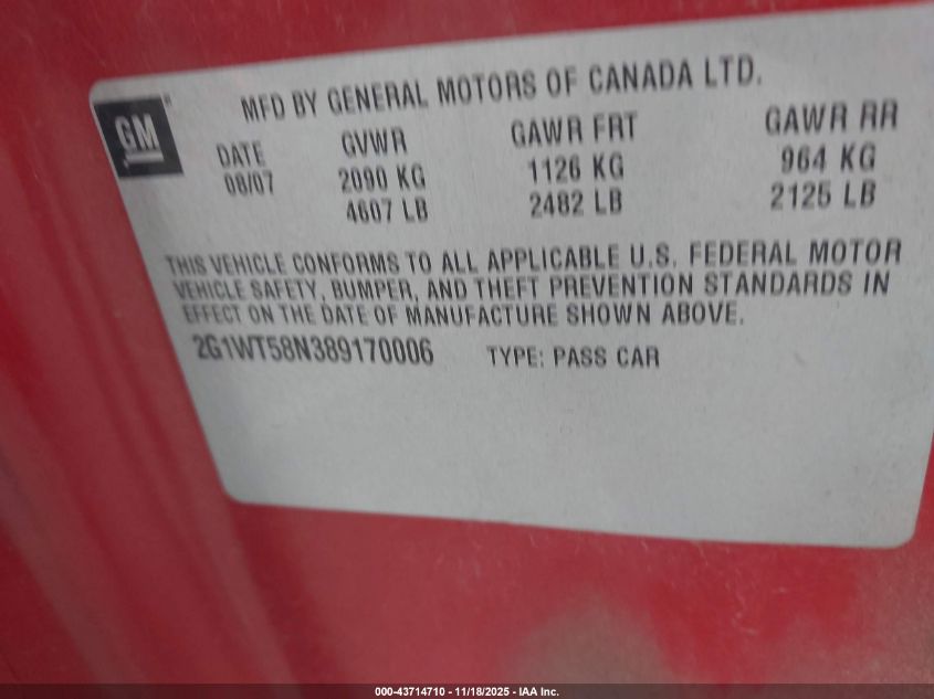 2008 Chevrolet Impala Lt VIN: 2G1WT58N389270006 Lot: 43714710