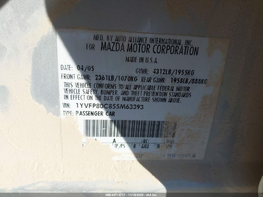 2005 Mazda Mazda6 I Base VIN: 1YVFP80C855M63393 Lot: 43714717