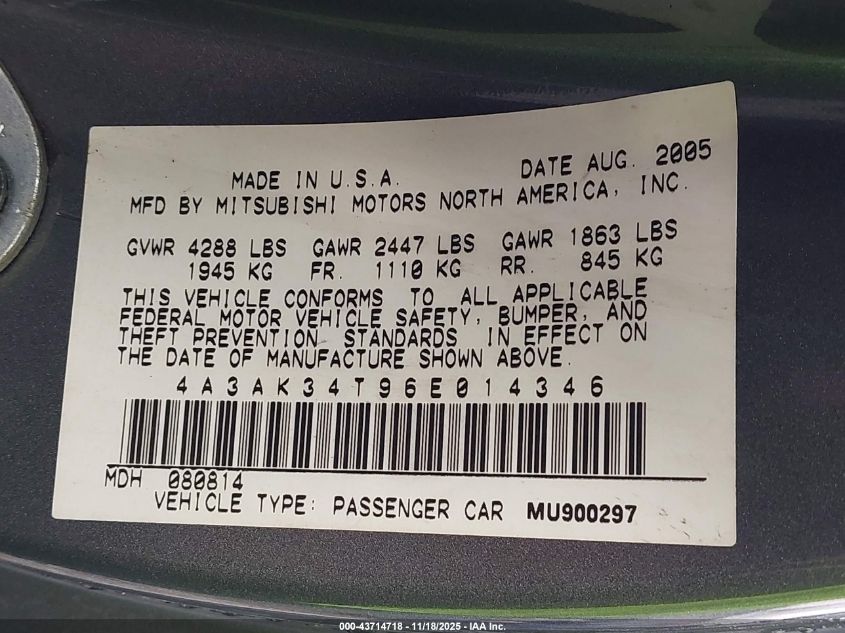 2006 Mitsubishi Eclipse Gt VIN: 4A3AK34T96E014346 Lot: 43714718