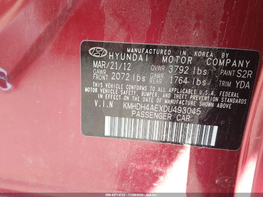 2013 Hyundai Elantra Gls/Limited VIN: KMHDH4AEXDU493045 Lot: 43714723