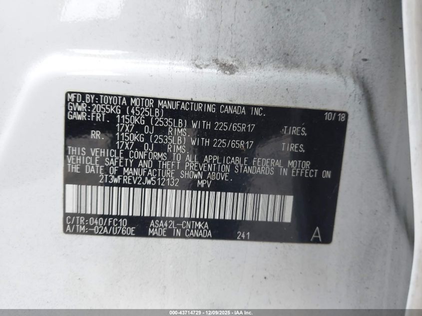 2018 Toyota Rav4 Xle VIN: 2T3WFREV2JW512132 Lot: 43714729