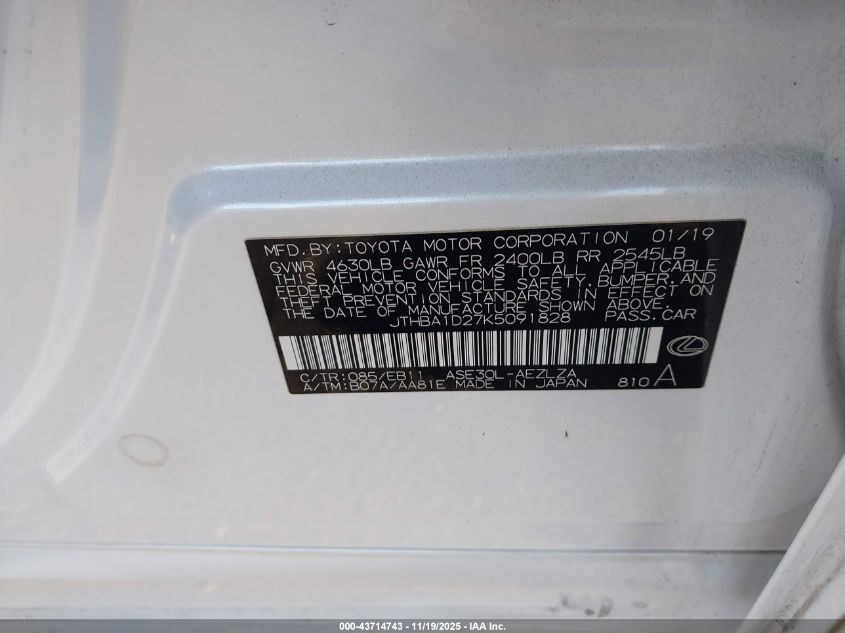 2019 Lexus Is 300 VIN: JTHBA1D27K5091828 Lot: 43714743