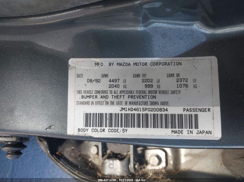 1993 Mazda 929 VIN: JM1HD4615P0200834 Lot: 43714750