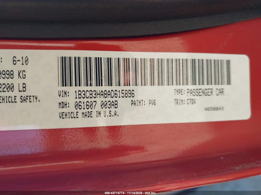 2010 Dodge Caliber Mainstreet VIN: 1B3CB3HA8AD615896 Lot: 43714774